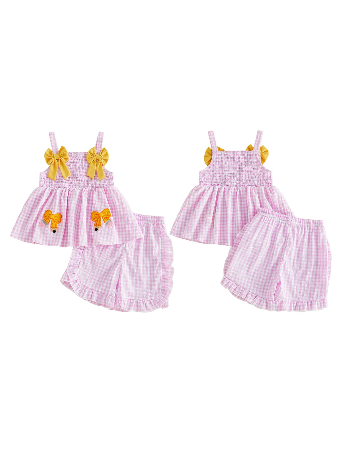 Cute Girl s Back to School Outfit Casual Bow Pencil Pattern Plaid Sleeveless Top with Ruffled Trim Shorts - 2 Piece Set