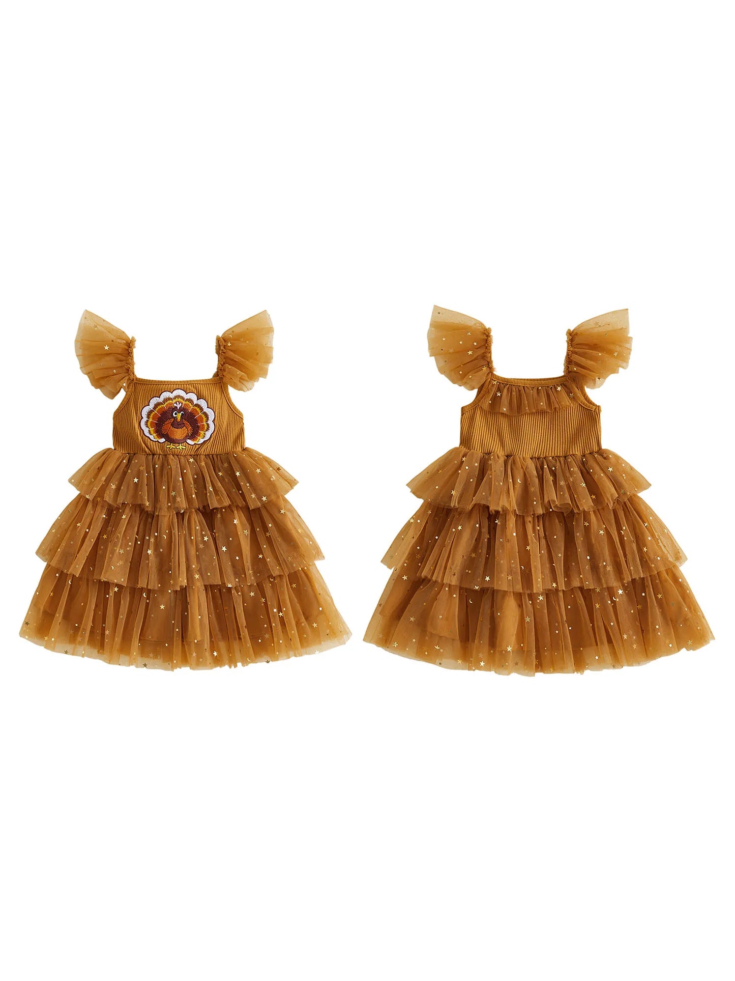 Girls Thanksgiving Turkey Embroidery Star Tulle Midi Dress