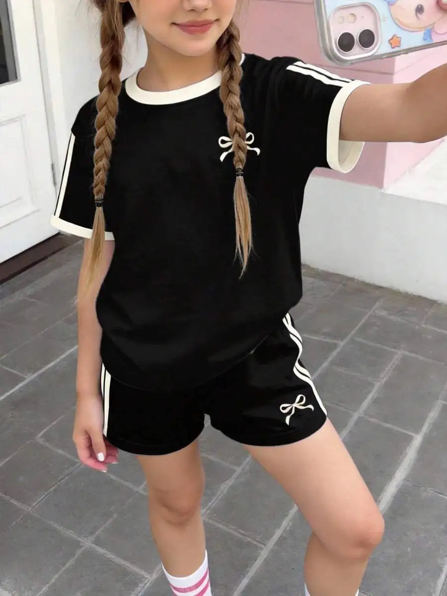 Cherry Bow Print Short Sleeve Tee And Plaid Shorts Set