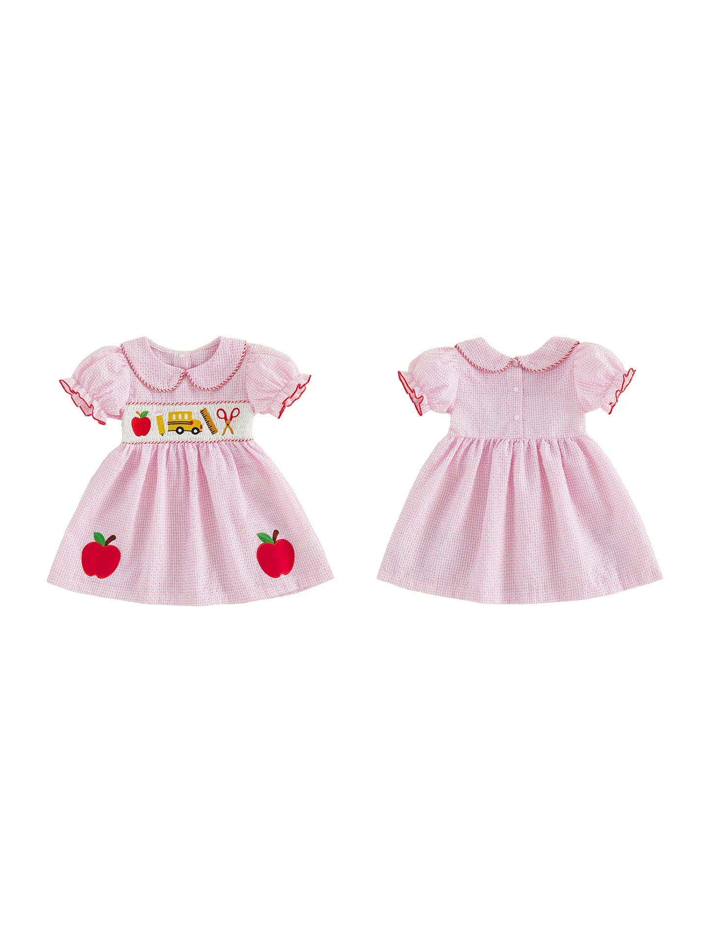 Girls Back to School Dress with Cute Apple Embroidery and Doll Collar Short Sleeve Toddler Summer Dress for Casual Wear