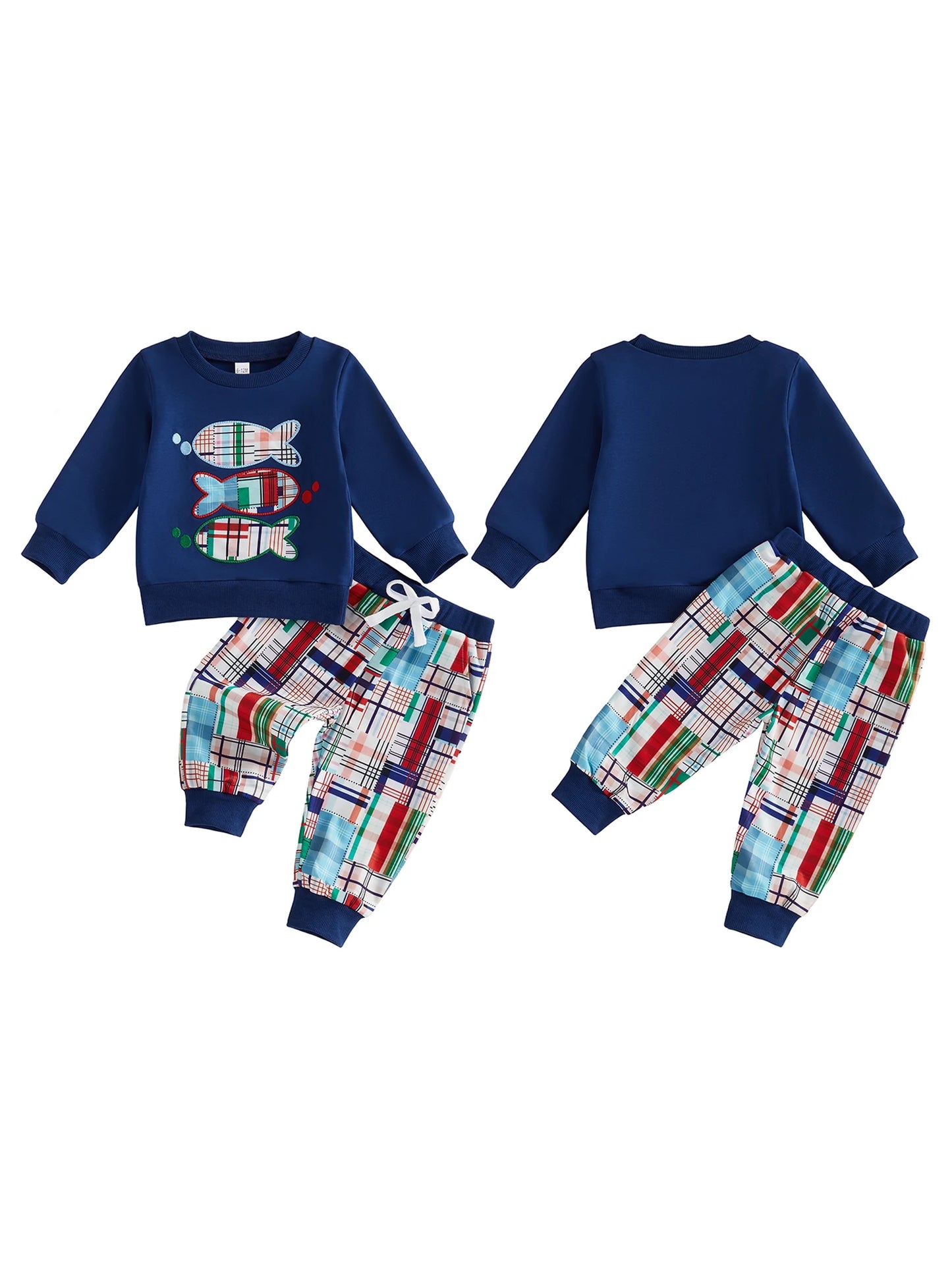Piece Outfit Outfit Long Boys 2 Piece Plaid Pants 2 Piece Outfit Outfit Sleeve-Embroidery Sweatshirt With Plaid Piece Outfit