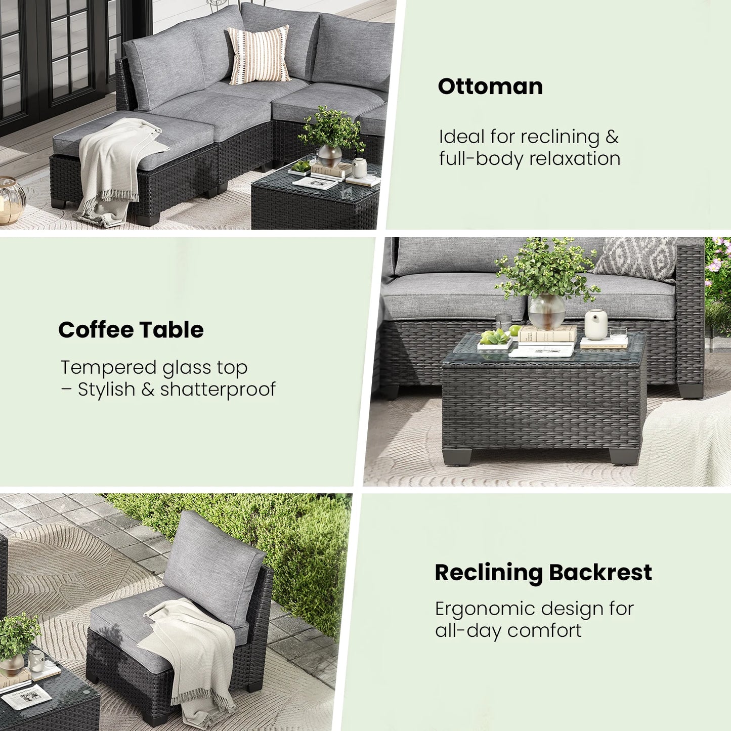 Patio Sectional Sofa Set With Ottoman Stain Resistant Fabric