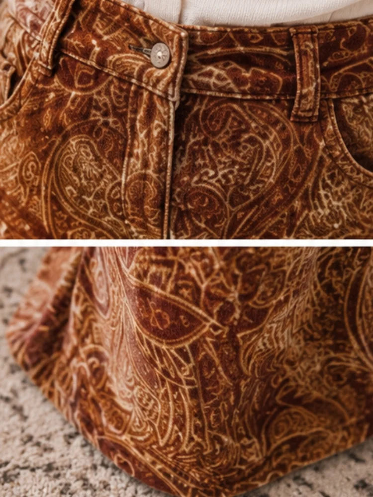 Women's Velvet Printed Fashionable Trousers - Retro Full Western Paisley Pattern Khaki High-Waisted, Bohemian Style, with Pockets, Suitable for Daily Casual Wear in Autumn and Winter