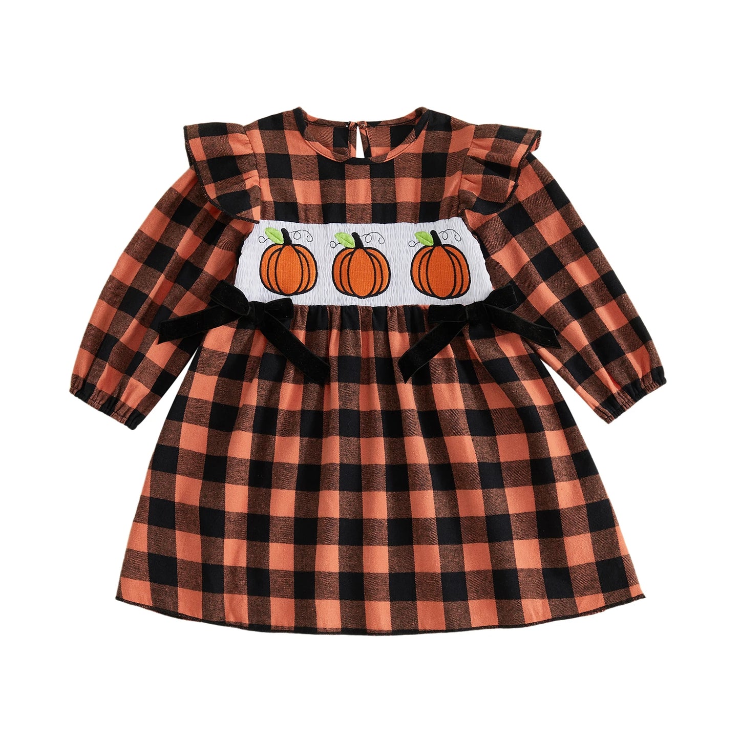 2026 New Toddler Baby Girls Halloween Dress Fashion Pumpkin Embroidery Long Sleeve Fall Plaid Dress Girls Casual Dresses