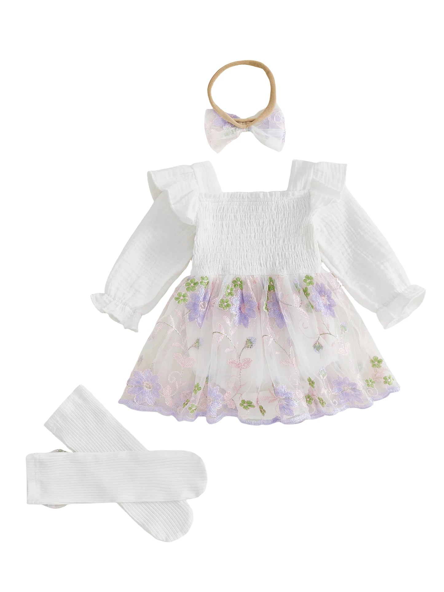 Infant With Headband Stockings Infant-Baby-Girl Romper Fashion Dress-Fashion-Flower Embroidery Infant Baby Girl
