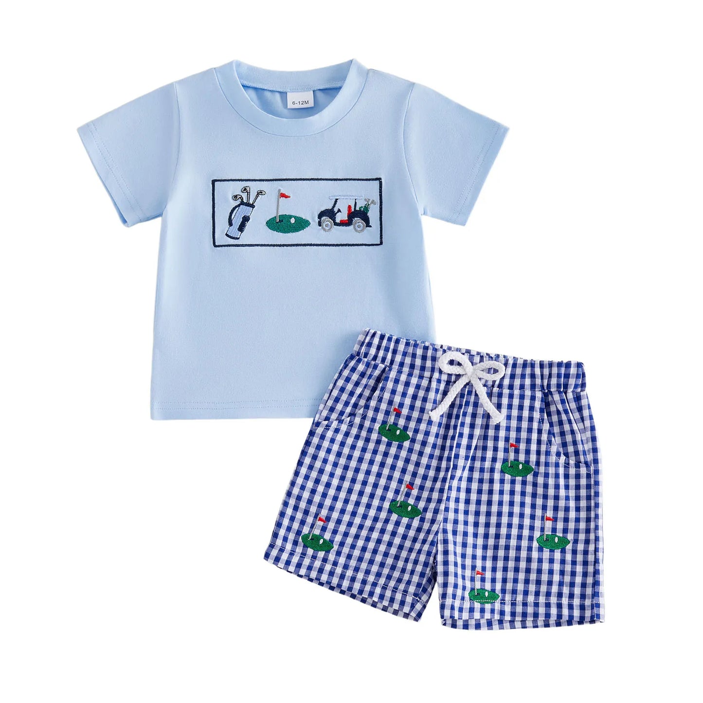 Girls Embroidered Animal Short Sleeve T-Shirts And Plaid Shorts 2Pcs