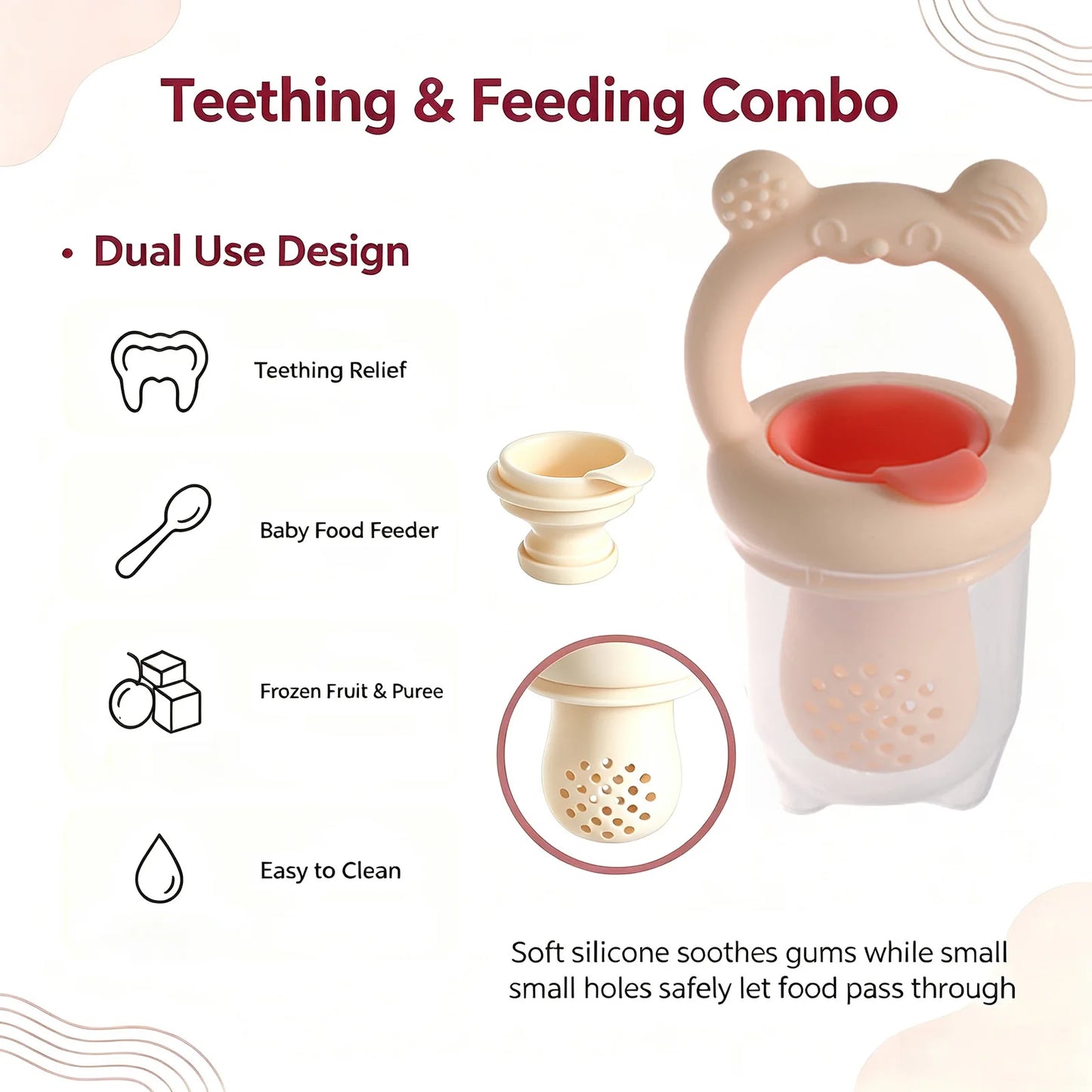 BPA Free Baby Fruit Feeder with Silicone Food Freezer Tray, Food Grade Teething Pacifier Self‑Feeding Set, 3 Colors Optional for Newborn Toddlers