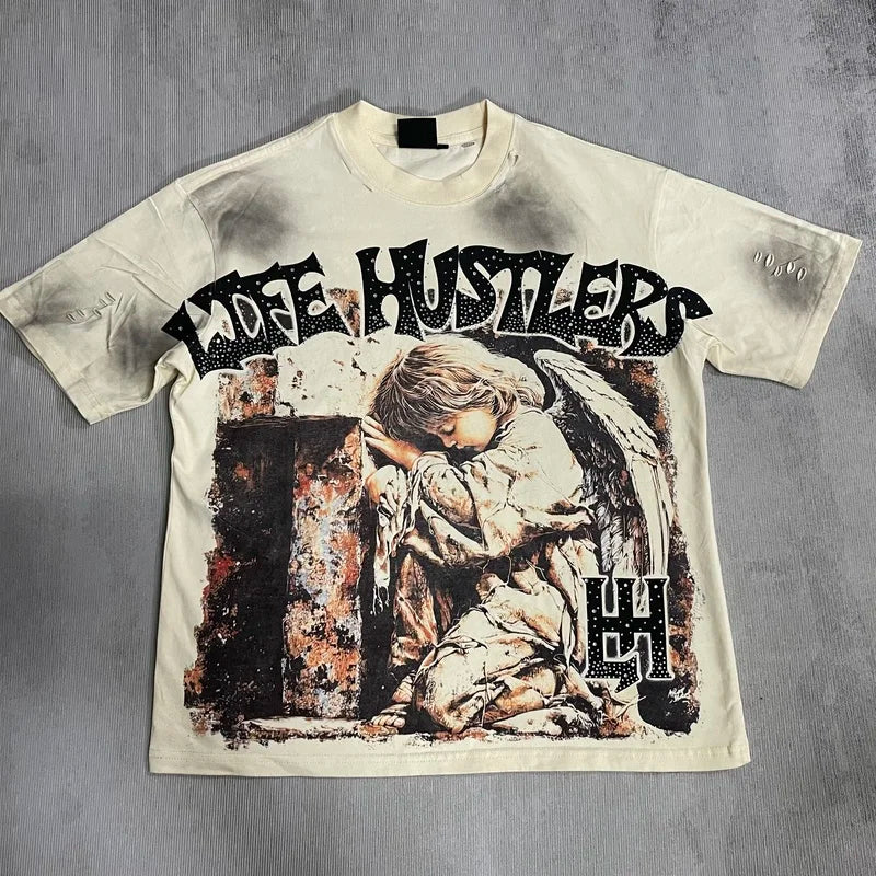 New fashion brand LIFE HUSTLERS Y2K hot stamping hole Men Women T-shirt Streetwear 100% Cotton Loose Round Neck Top Tees