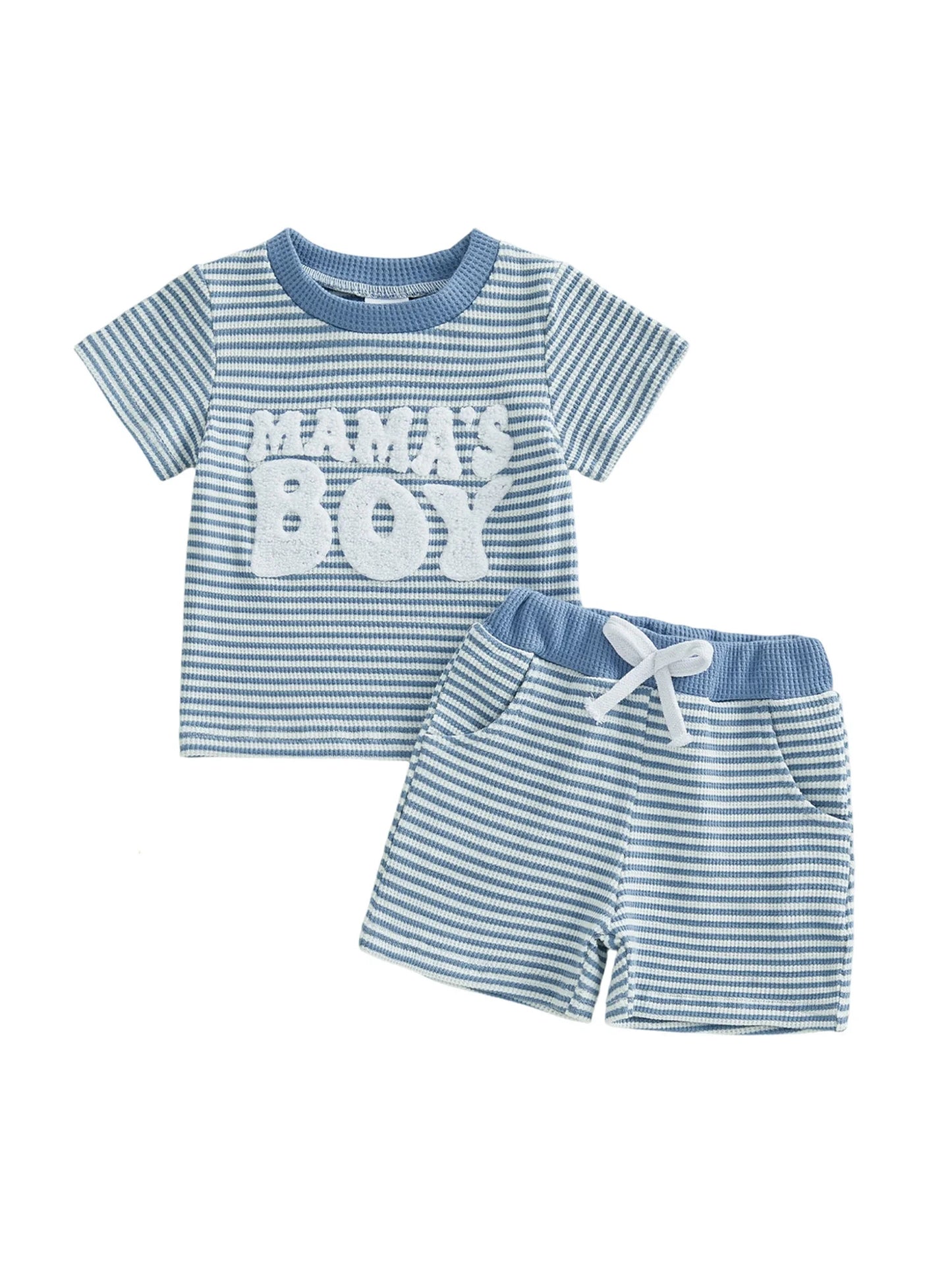 Kids Summer Clothes Striped Tee With Embroidered Letters Elastic Shorts