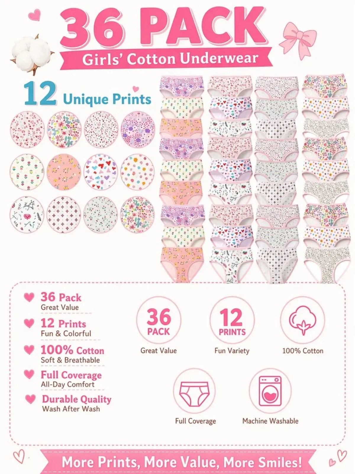 ZEKSAF Girls Cotton Briefs Pink Floral Design 36 Pack Elastic and Soft Underwears for Toddler