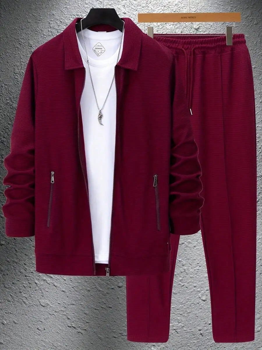 Mens Spring Autumn Casual Jacquard Zip-Up Jacket And Trousers Set