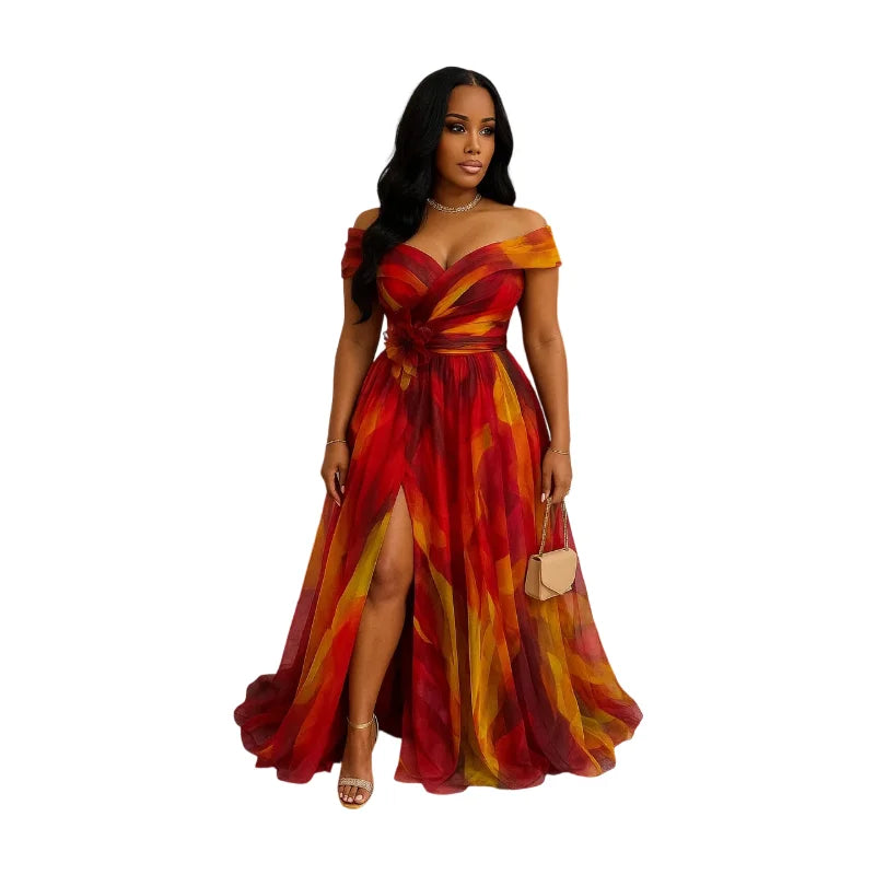 Women Off Shoulder Printed Maxi Gown With Front Slit For Wedding Guest Formal Evening Prom And Banquet Occasion