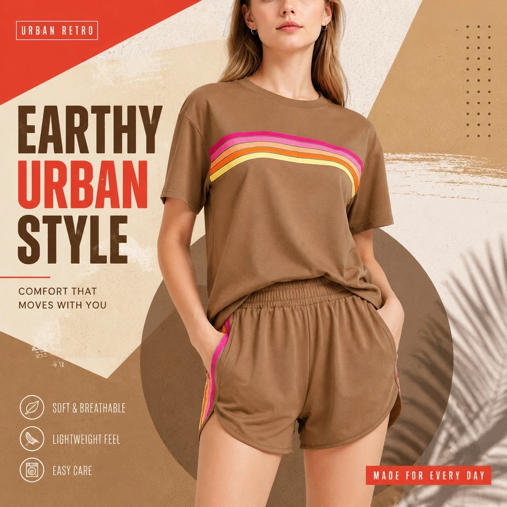 Women's 2 Piece Tracksuit Set Short Sleeve Crew Neck T Shirt and Elastic Waist Shorts Retro Rainbow Striped Casual Athletic Wear Matching Outfit Relaxed Fit for Gym Running Daily Streetwear Summer Spring