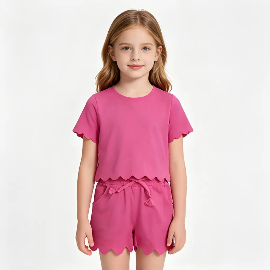 Cotton Baby Girls Sets With Scallop Shorts And Top