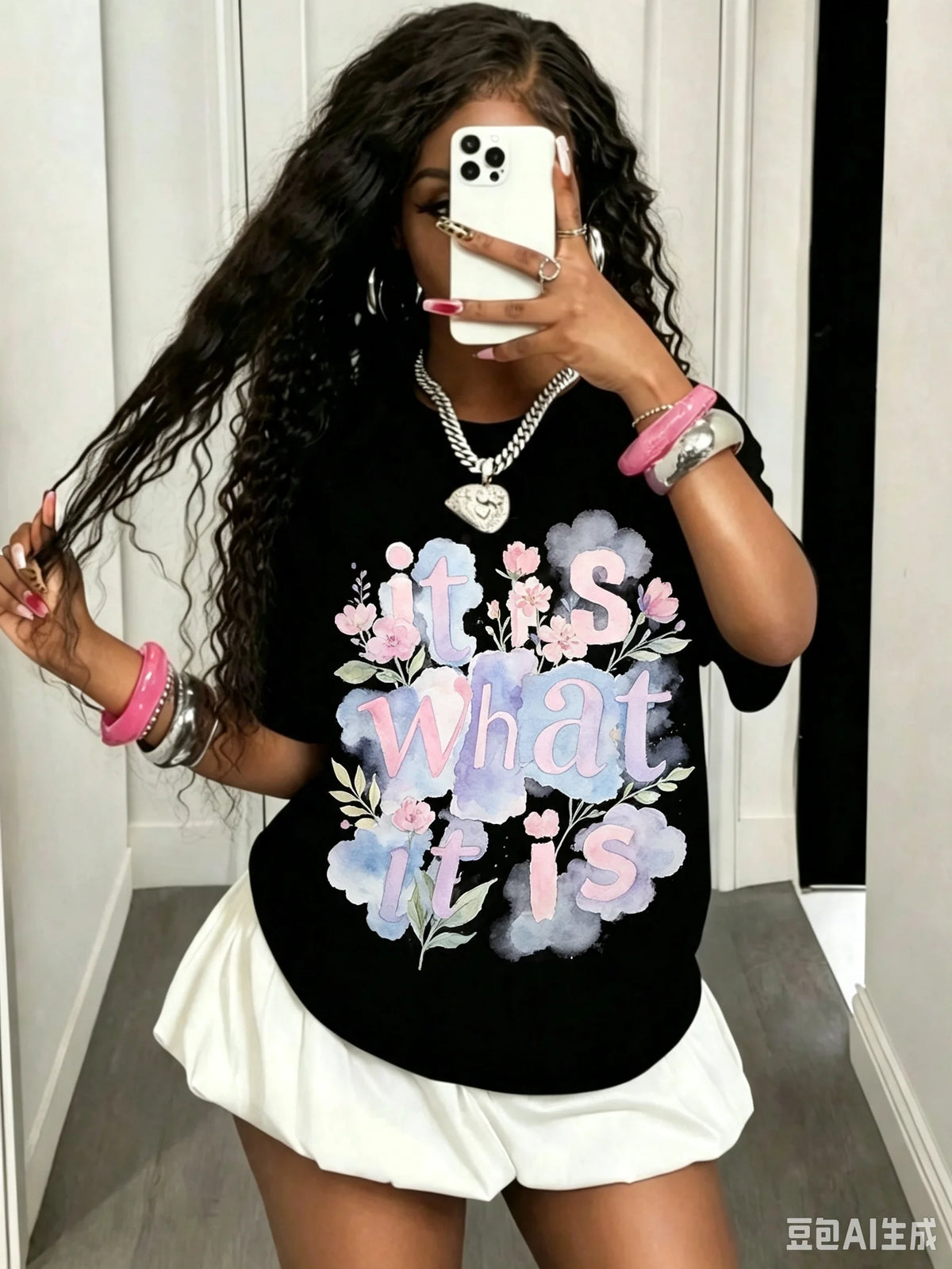 Girls & Teenagers Students Casual Printed Black Crew Neck Short Sleeve T-Shirt Top, Summer