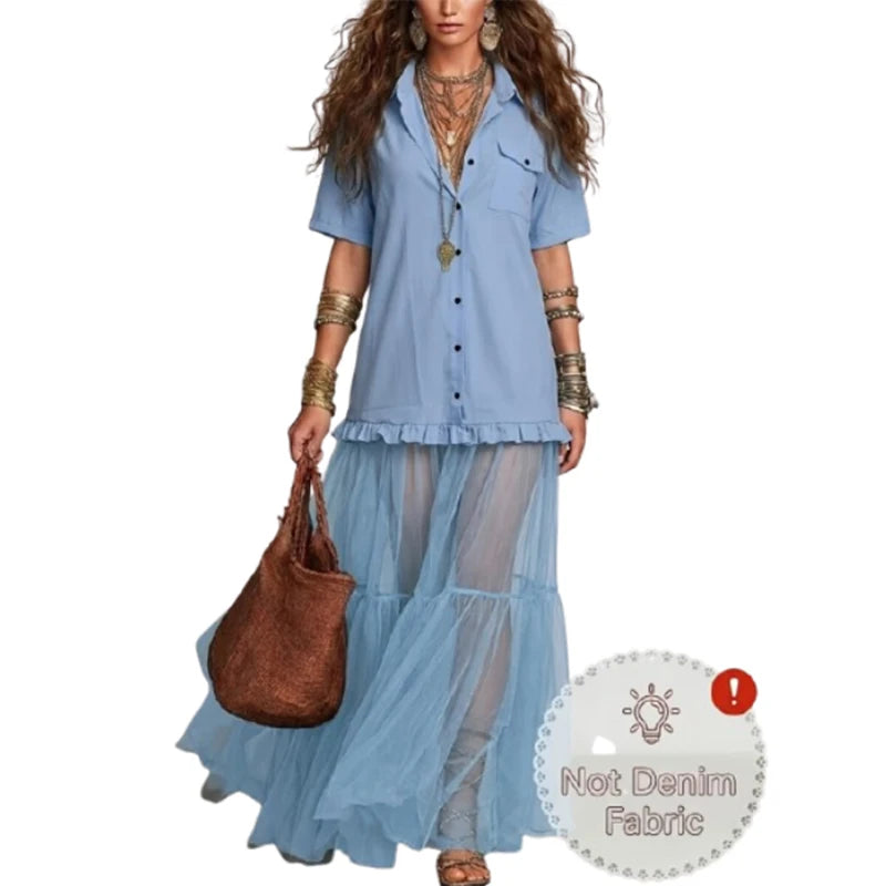 Women Blue Lapel Collar Shirt Dress 2026 New Short Sleeves Button Front Patchwork Ruffle‑Hem Sheer Tulle Tiered Elegant Party Evening Maxi Dresses