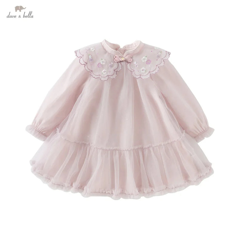 Dave Bella Spring Girl's Dress Cute Mesh Embroidery New Charm Gentle Cute Children's Princess Dress Party Outdoor DB1250678