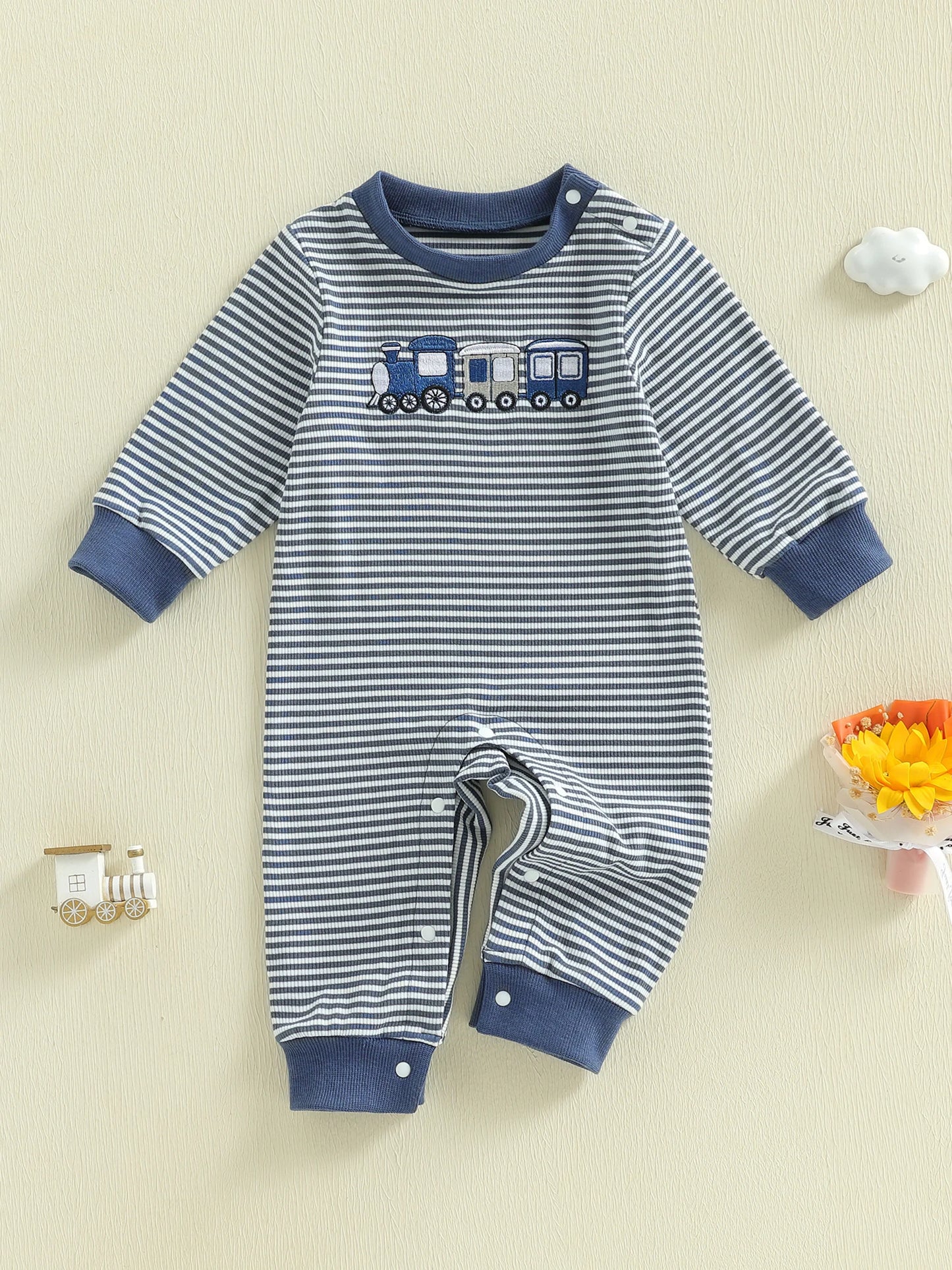 Toddler Striped Playsuit With Long Sleeves And Train Embroidery