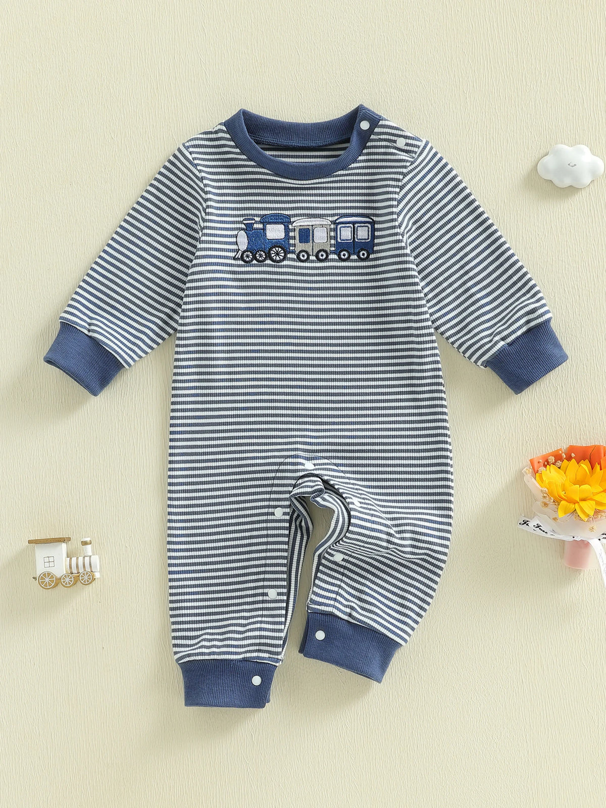 Toddler Striped Playsuit With Long Sleeves And Train Embroidery Romper