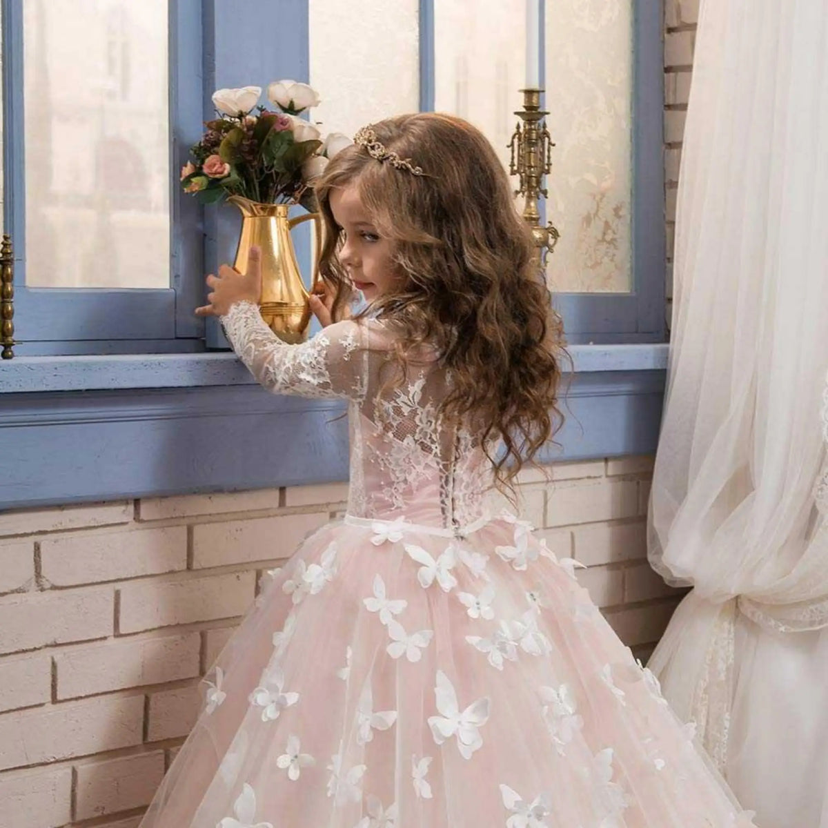 Abaowedding Long Sleeve Lace Flower Girl Dress With Train 3D Butterfly