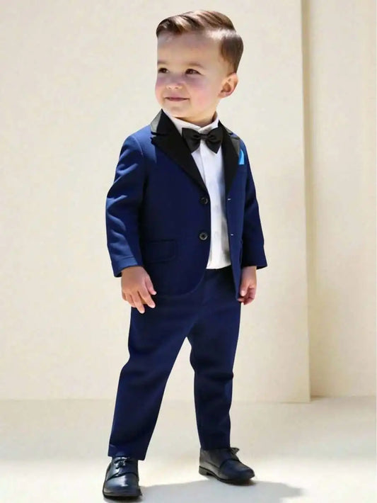 Toddler Formal Suit Set Shawl Lapel Jacket Bow Tie Elastic Waist Pants