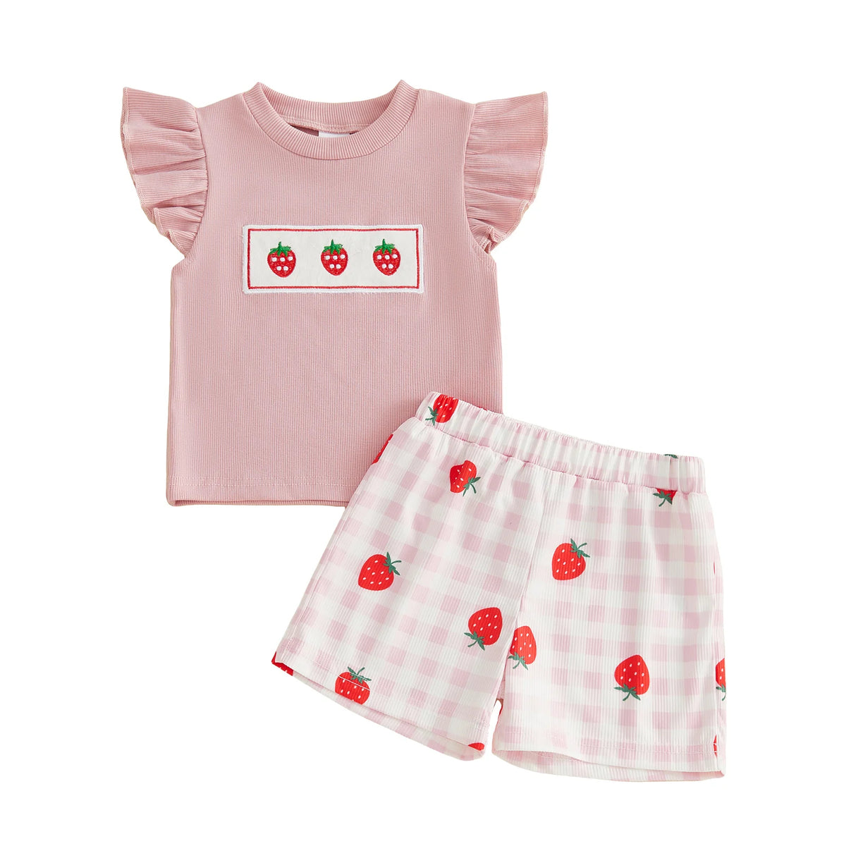 Toddler Baby Kids Girls Shorts Set Children's Fly Sleeve Embroidery Strawberry T-shirt with Plaid Shorts Summer 2-piece Outfit