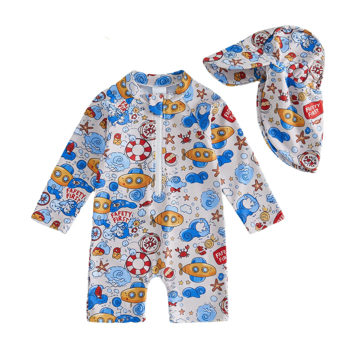 Cute Baby Rash Guard Swimsuit With Sun Hat Dinosaur Print