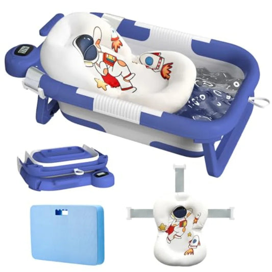 Foldable Baby Bathtub With Cushion Kneeling Pad Thermometer Portable Newborn