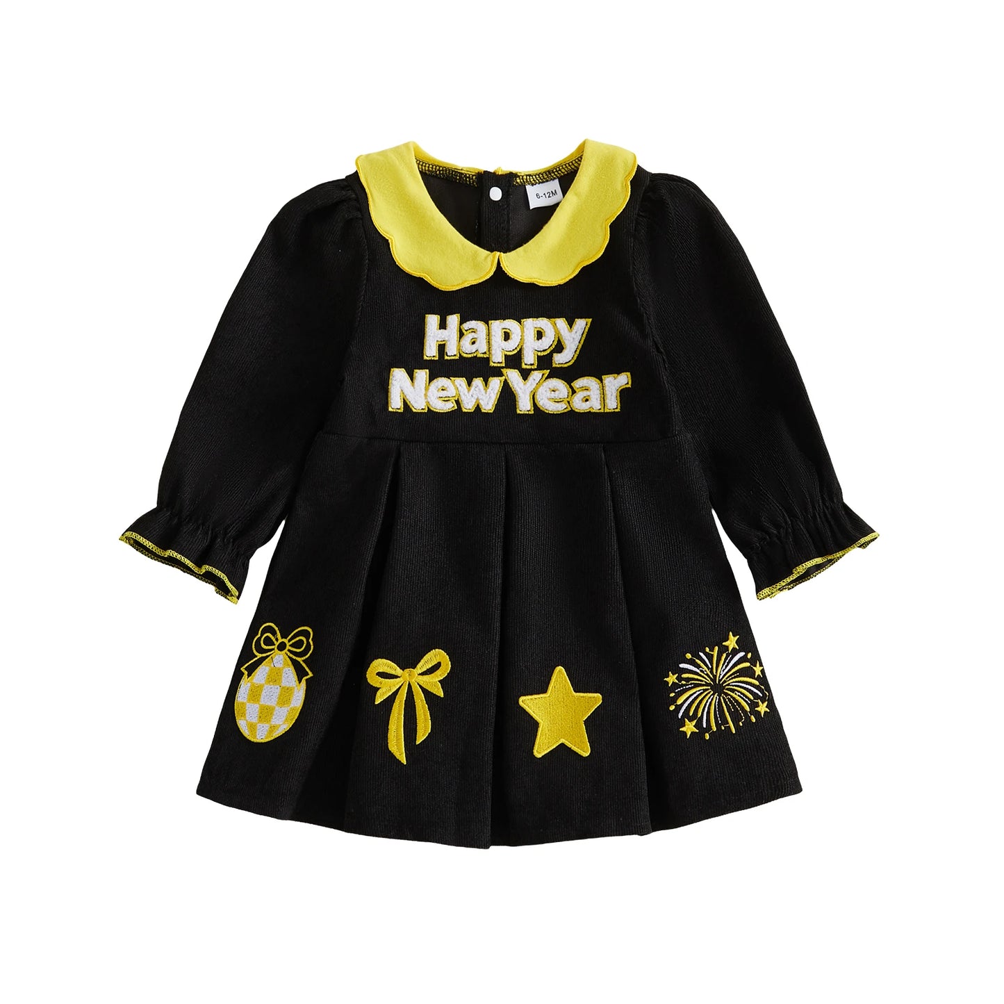 Girls Long Sleeve V Neck Dress With Letter Embroidery Pockets
