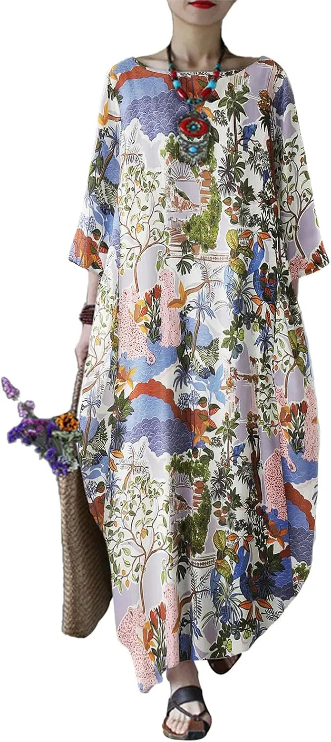 Autumn Solid Cotton Caftan Dress Loose Fit Women Casual