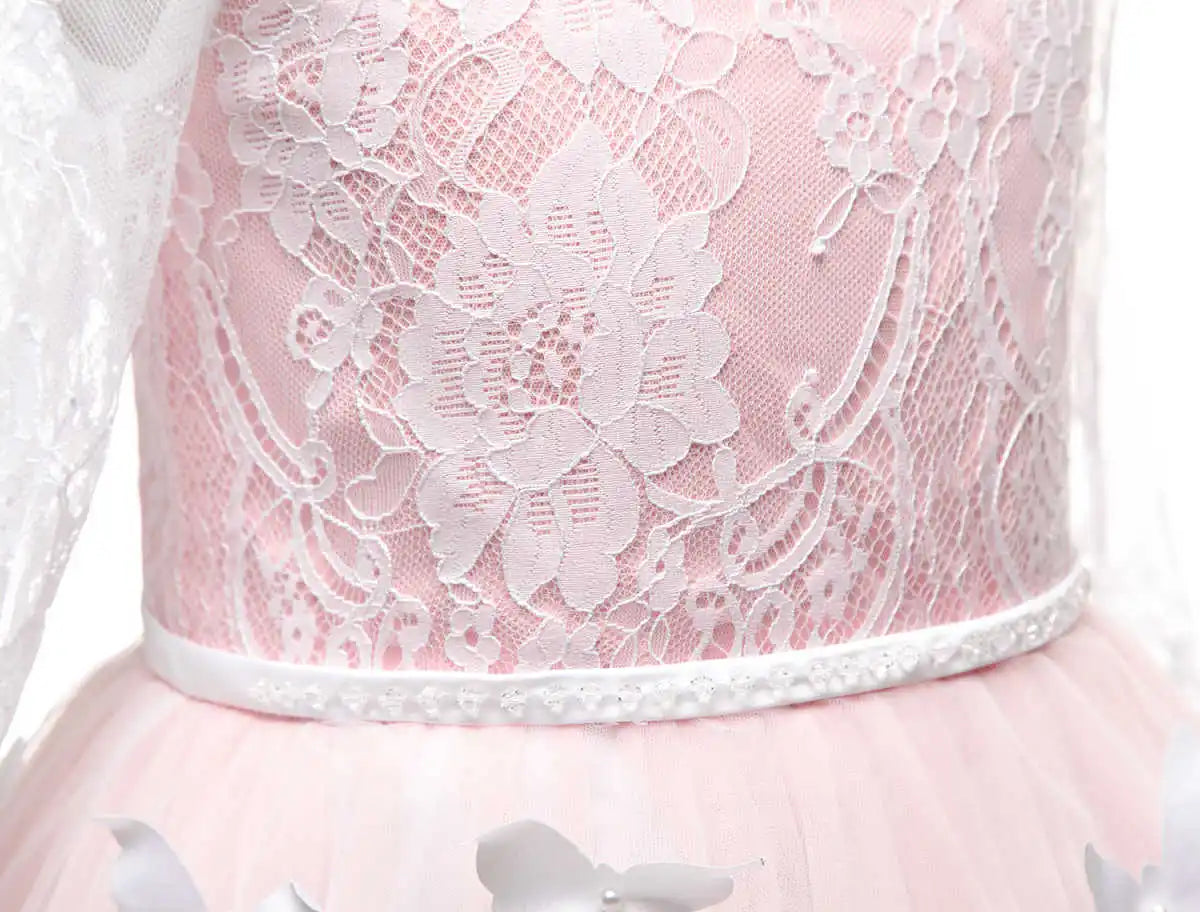 Abaowedding Long Sleeve Lace Flower Girl Dress With Train 3D Butterfly