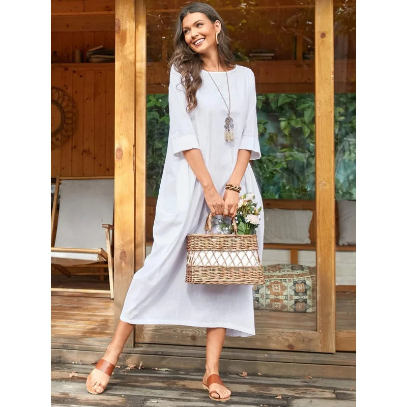Autumn Solid Cotton Caftan Dress Loose Fit Women Casual
