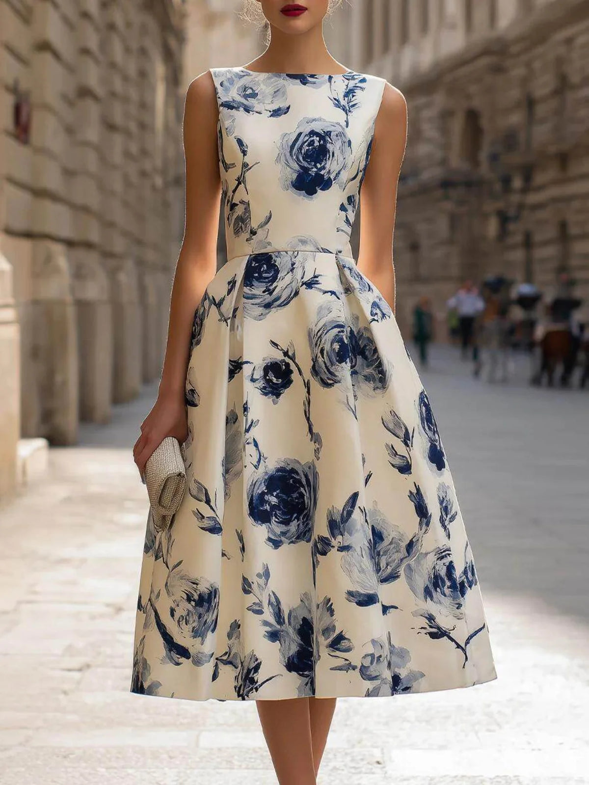 Women's Round Neck Sleeveless Midi Dress Floral Print Pleated A Line Swing Hem Elegant Formal Ladies Dress