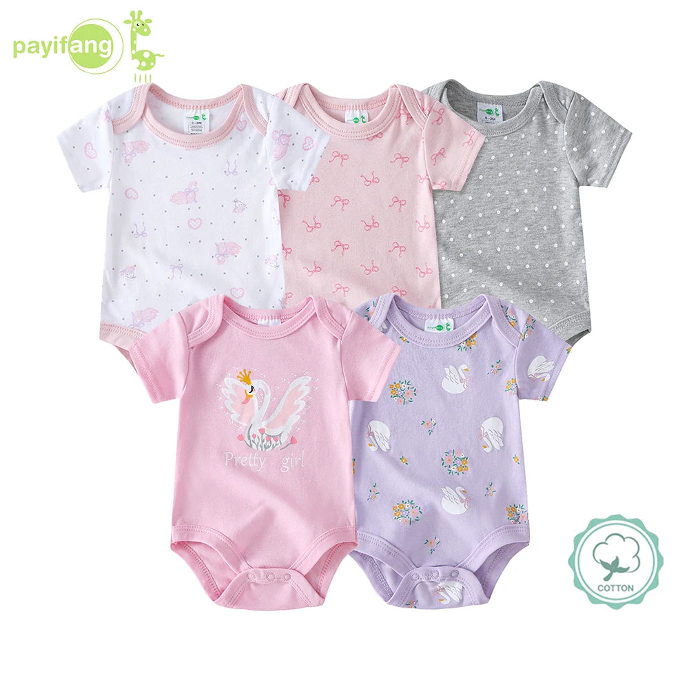 5pcs Baby Girl Romper Set - Cute Animal Print Short Sleeve Outfits with Ribbed Cuffs, Soft Breathable Fabric, All-Season Comfort, Elegant Round Neck Design for Outdoor Play & Casual Attire, Baby Girl Clothes, Playful Babywear