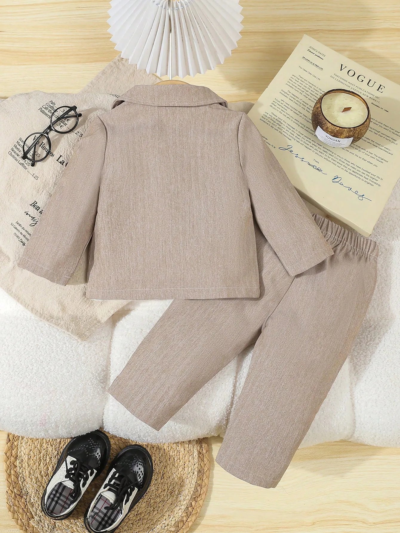 Toddler Boy Formal Suit Set Blazer Vest Pants Beige Corduroy