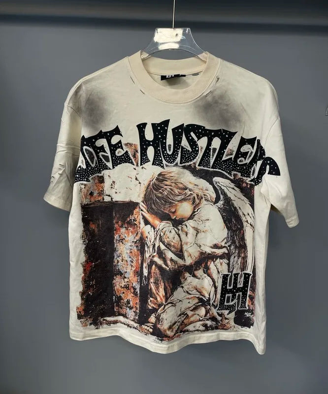 New fashion brand LIFE HUSTLERS Y2K hot stamping hole Men Women T-shirt Streetwear 100% Cotton Loose Round Neck Top Tees