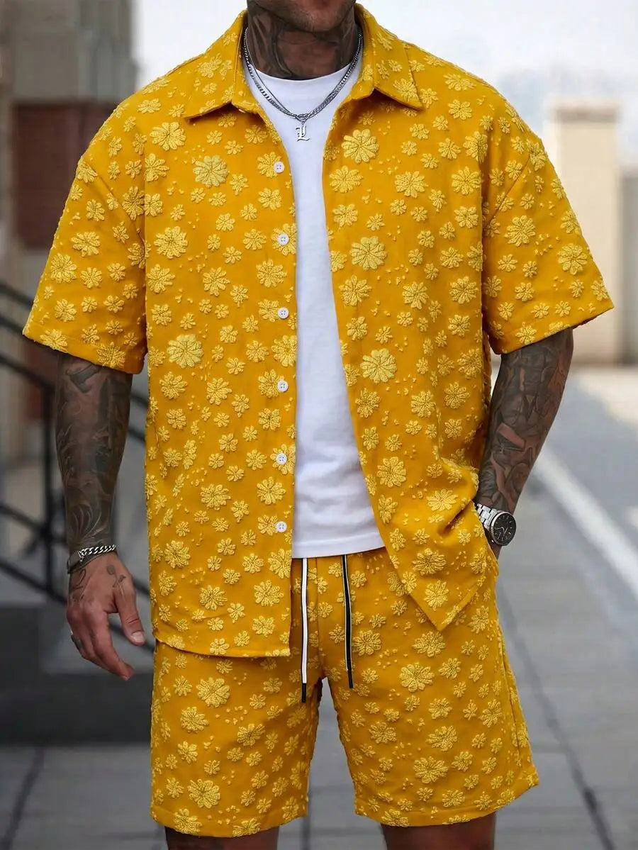 Manfinity CasualCool Men's Yellow Summer Casual Vacation Holiday Outfit,Textured Geometric Pattern Short Sleeve Button Up Shirt