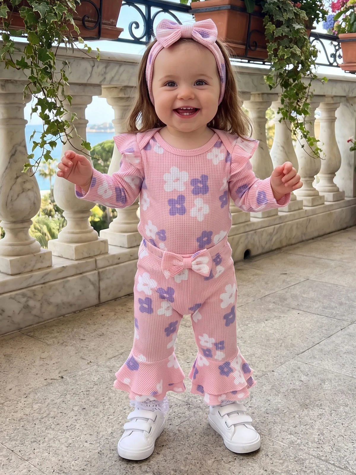 Girls Long Sleeve Floral Print Romper And Headband Set