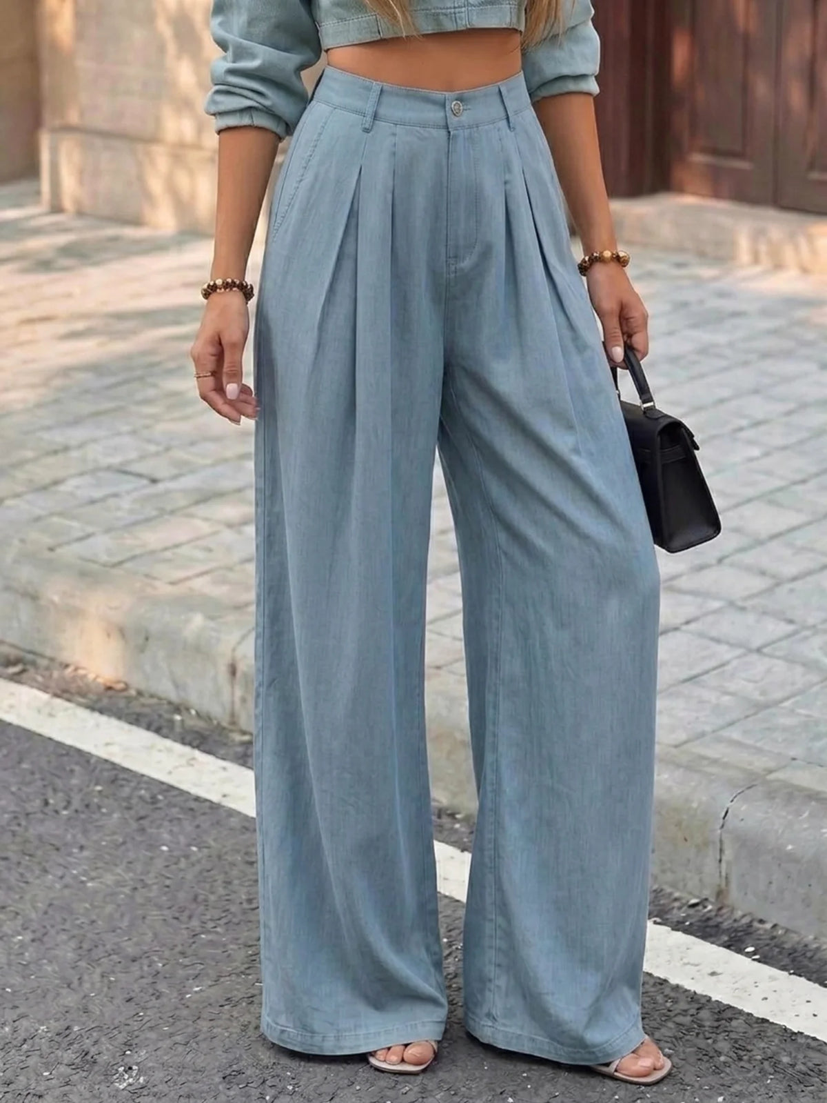 Women's High Waist Pleated Wide Leg Pants Button Zipper Closure Loose Full Length Casual Ladies Trousers