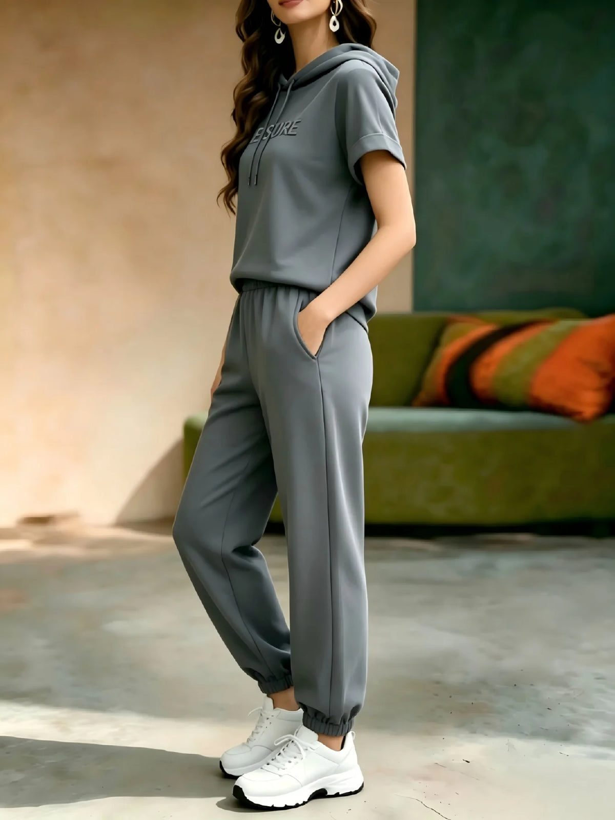 Women Letter Print 2 Piece Tracksuit Set, Short Sleeve Hooded Top & Elastic Waist Jogger Pants, Casual Loose Matching Loungewear Outfit For Daily Street Wear