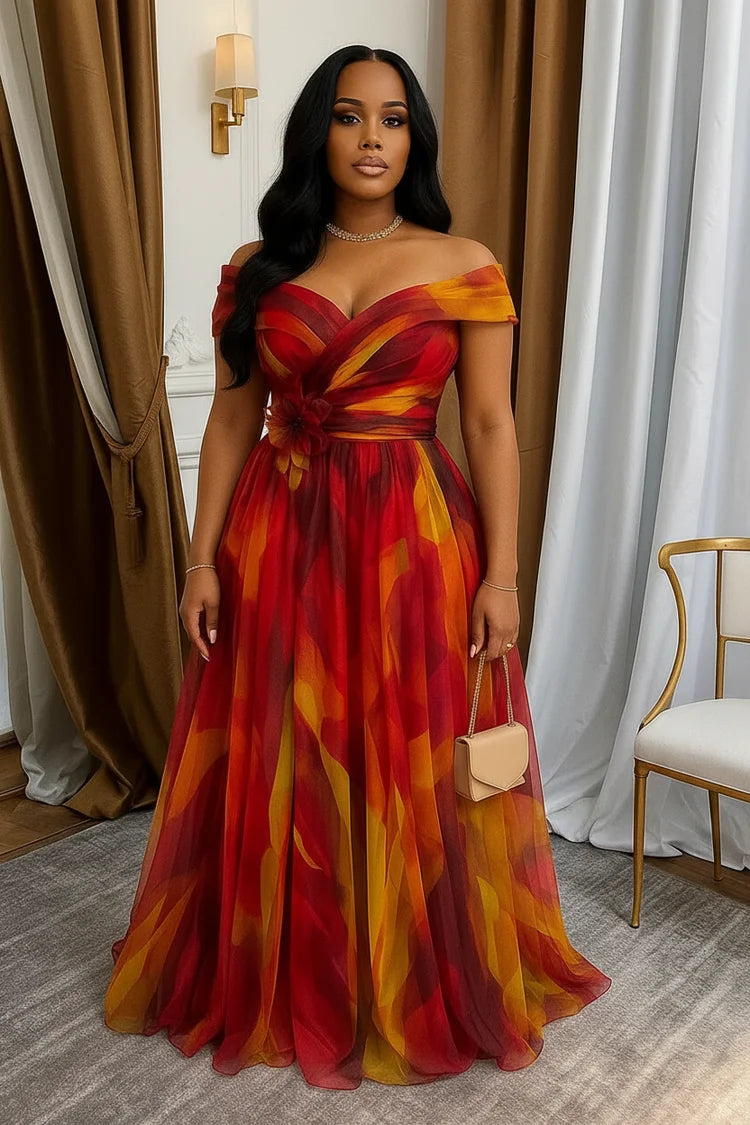 Women Off Shoulder Printed Maxi Gown With Front Slit For Wedding Guest Formal Evening Prom And Banquet Occasion