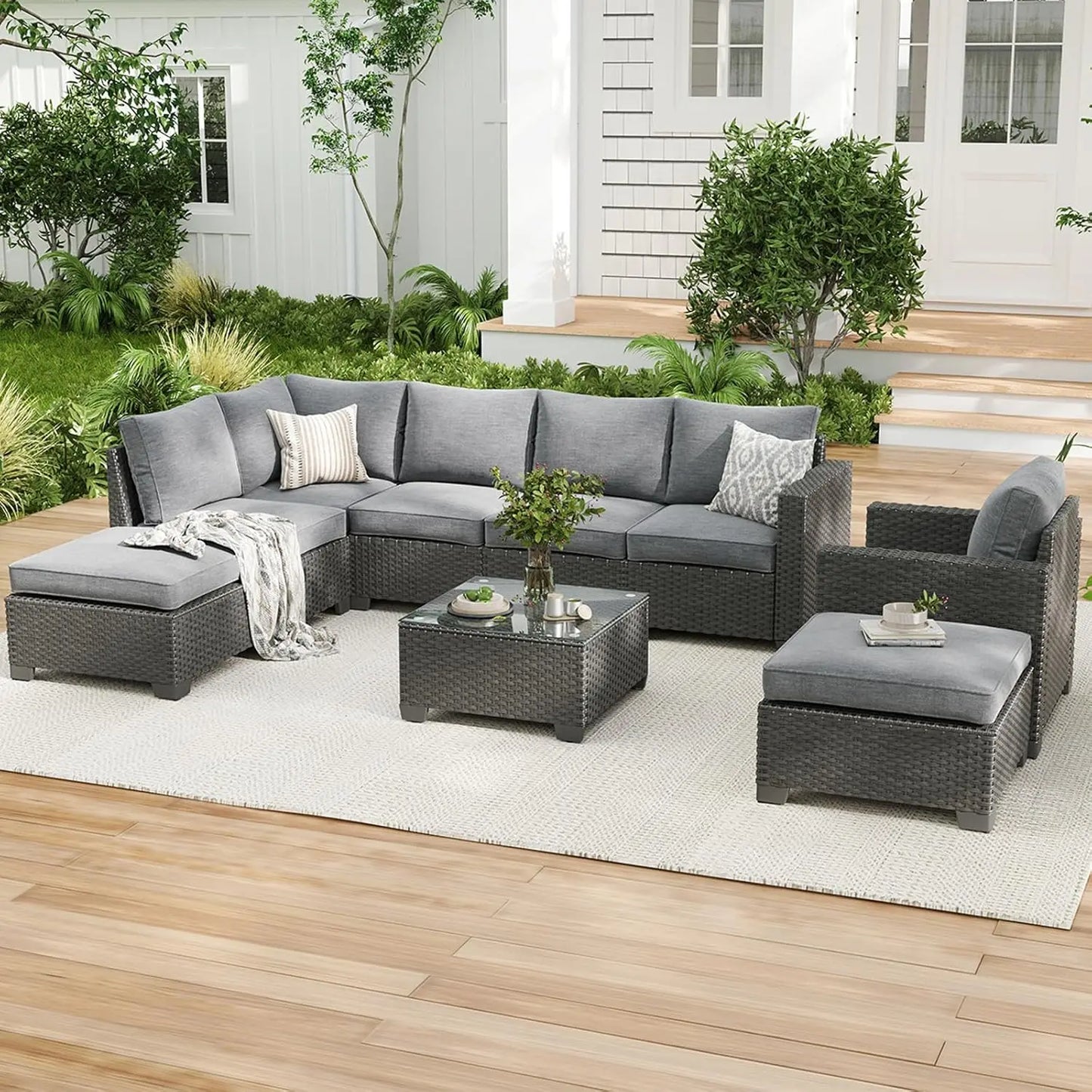 Patio Sectional Sofa Set With Ottoman Stain Resistant Fabric