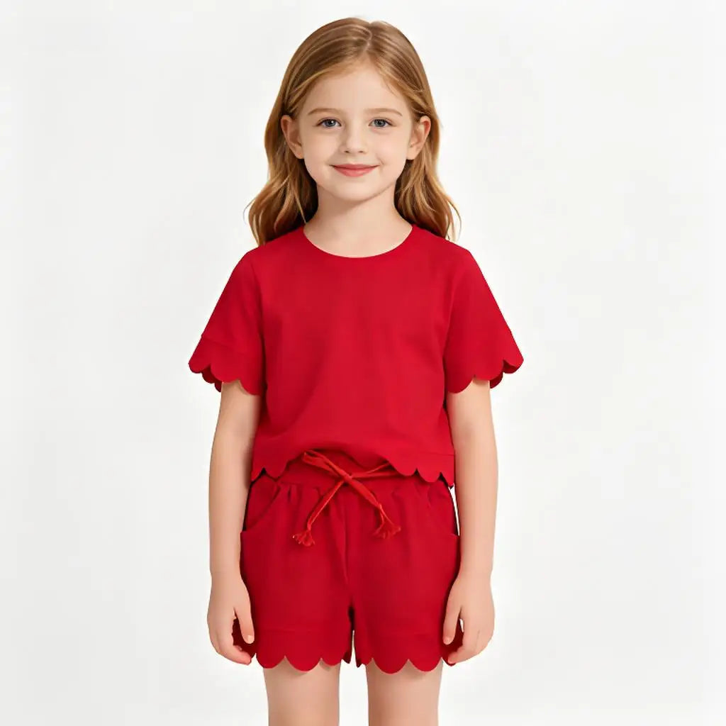 Cotton Girls Set With Short Sleeve Top And Scallop Shorts