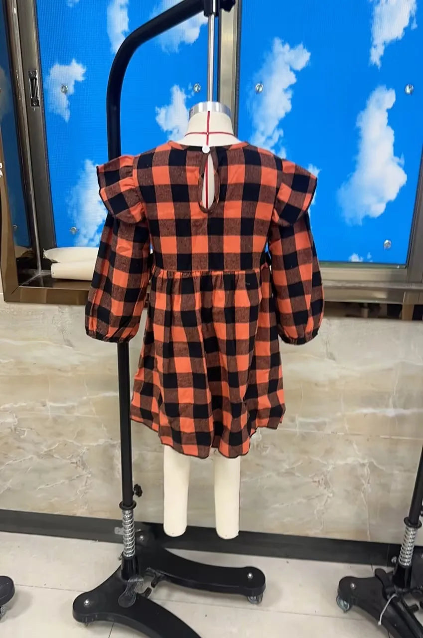 2026 New Toddler Baby Girls Halloween Dress Fashion Pumpkin Embroidery Long Sleeve Fall Plaid Dress Girls Casual Dresses
