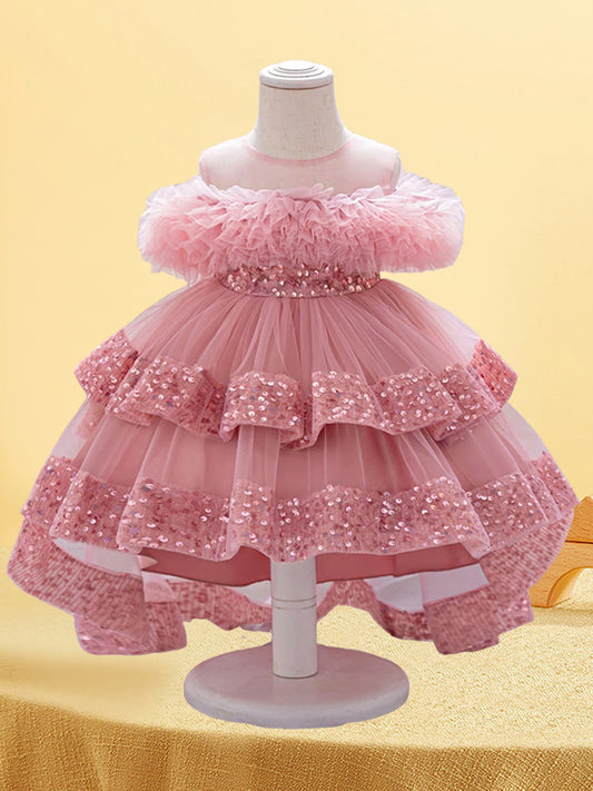 Girls Sequin Princess Dress with Tulle Skirt and High Hem