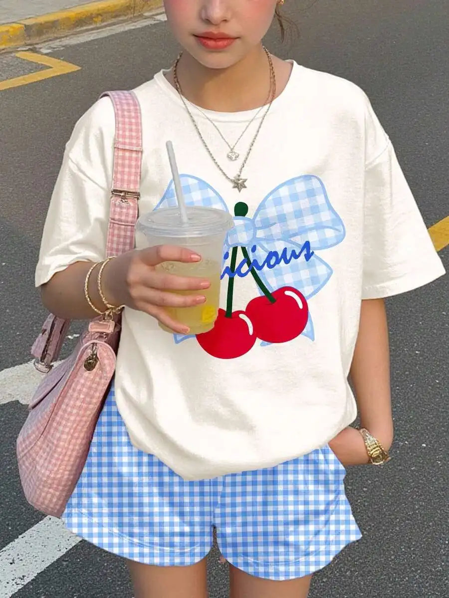 Cherry Bow Print Short Sleeve Tee And Plaid Shorts Set