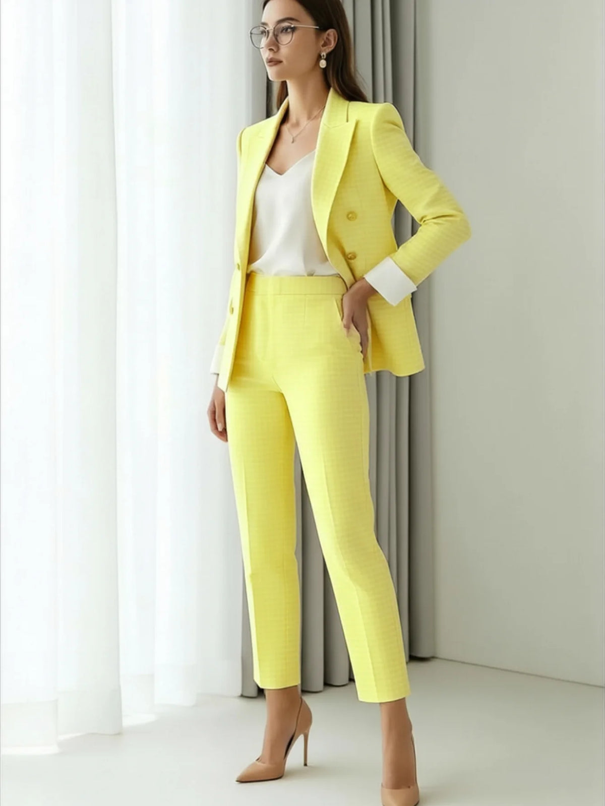 Women's Lapel Double Breasted Long Sleeve Blazer + High Waist Slim Fit Ankle Length Trousers Plaid Pattern Formal Business Ladies Suit