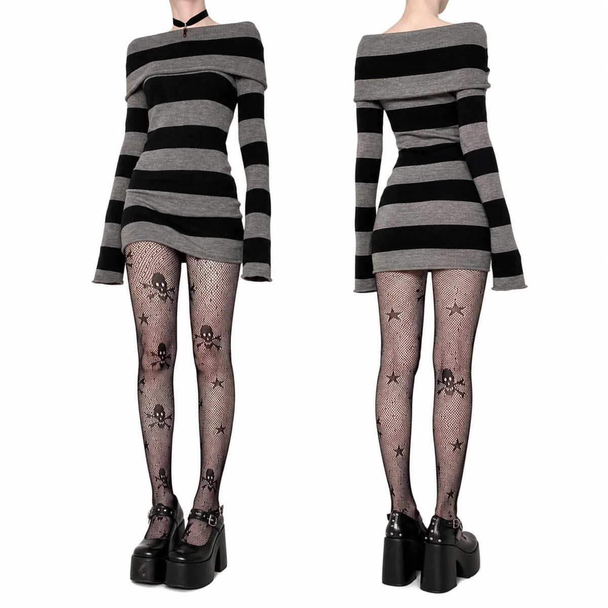 Women Gothic Y2K Off Shoulder Striped Knit Mini Dress, Long Sleeve Bodycon Sweater Dress, Punk Grunge Aesthetic Party Club Outfits