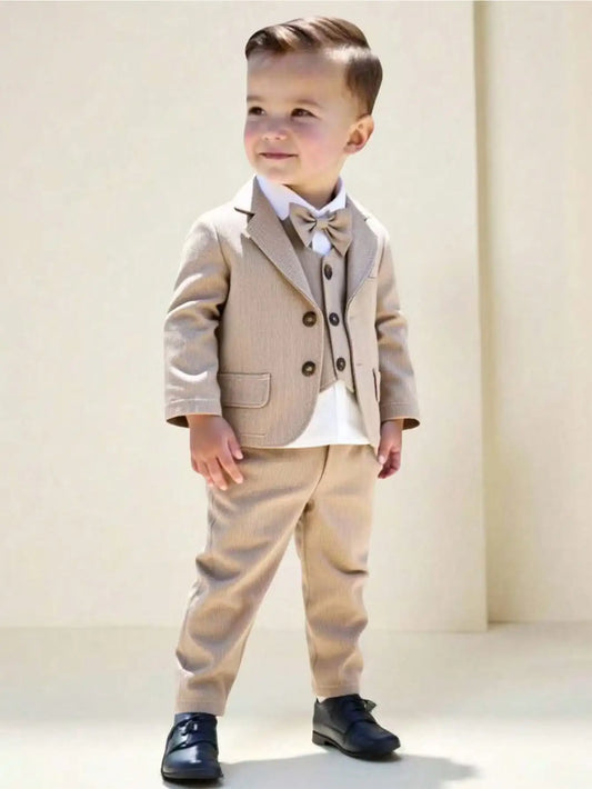 Toddler Boy Formal Suit Set Blazer Vest Pants Beige Corduroy