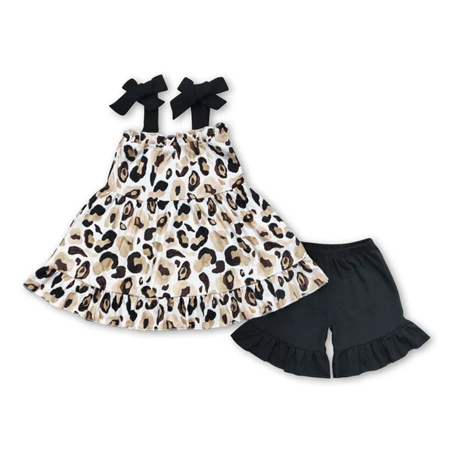 Toddler Girl Two Piece Summer Outfit Set Plaid Leopard Print